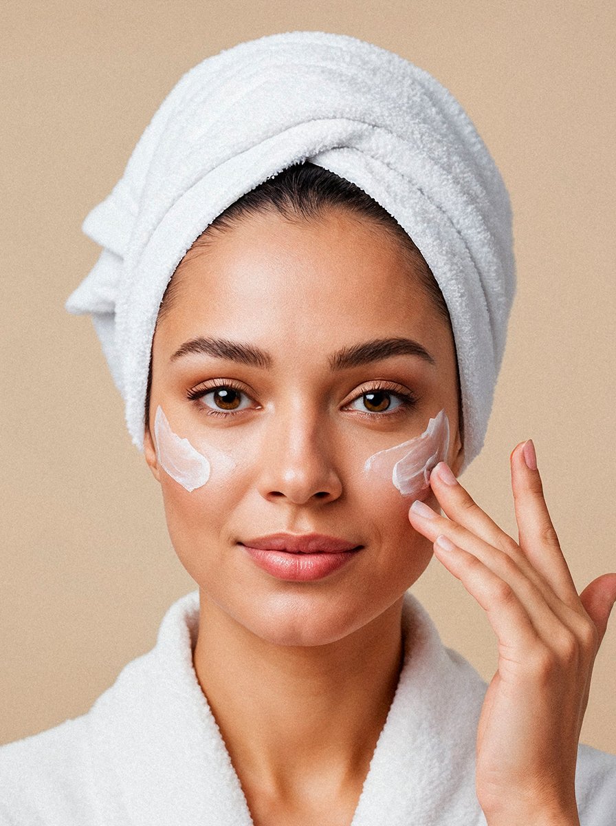 Woman in a white towel applying moisturiser to her cheeks